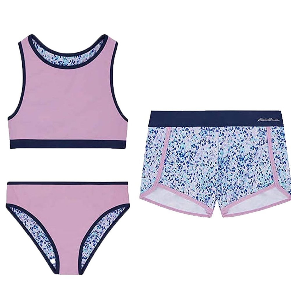 Eddie Bauer Girls SMALL 7/8 3-Piece Swim Set, Shorts, Bottoms and Tankini Top